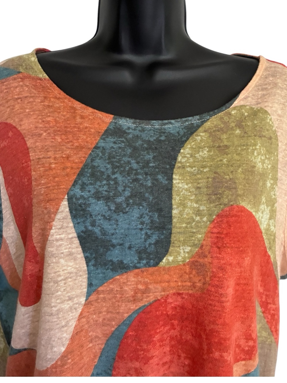 Geometric Linen Artsy Orange Blue Multicolor Wave Print Short Sleeve Top Sz XL - Picture 4 of 7